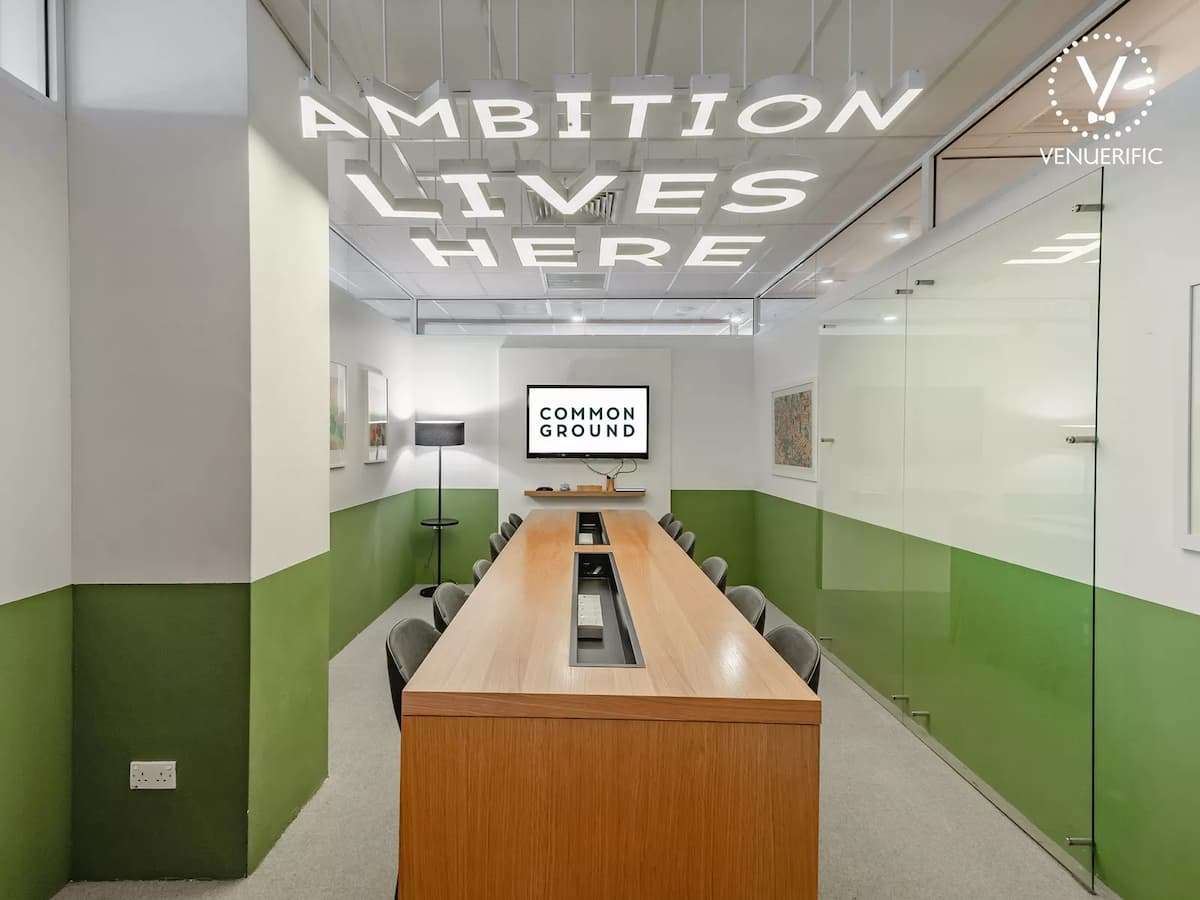 meeting room with quotes hanging on the ceiling said ambition lives here