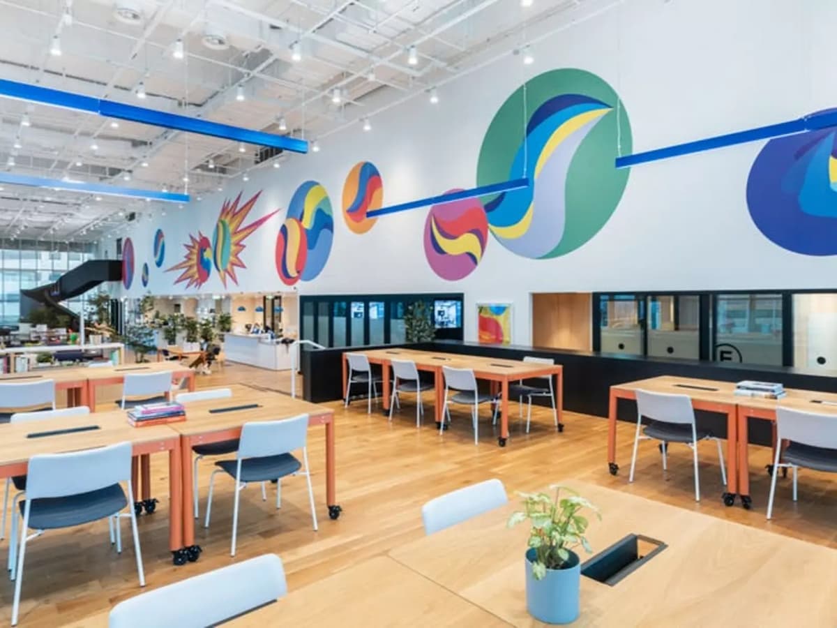 workshop venues singapore grouped together in a room with high ceilings and colorful walls