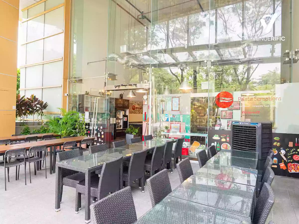 patio with long tables and natural lighting
