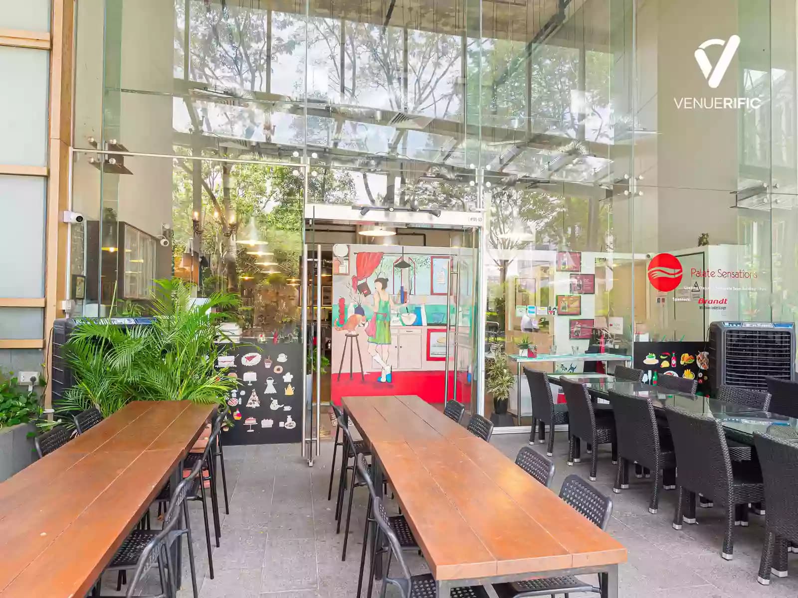 long communal tables with chairs