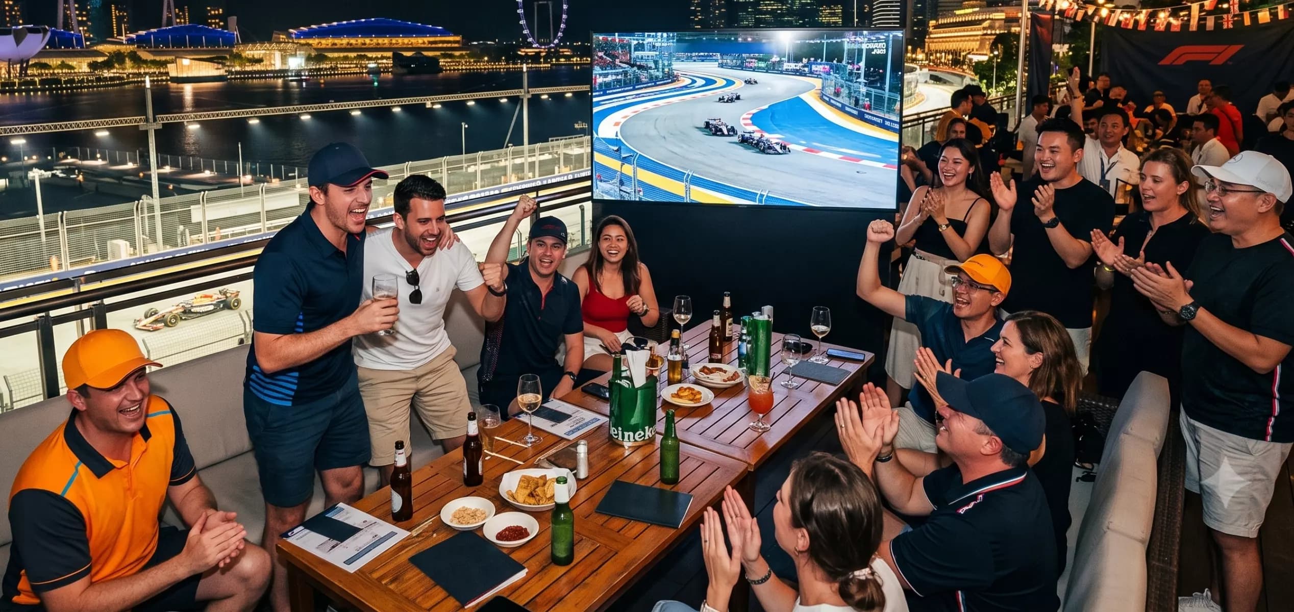 A high-angle nighttime photograph of a lively corporate gathering on a rooftop terrace. A group of people wearing F1 team apparel, including Red Bull and McLaren, are clapping and cheering around a table with drinks and snacks. They are watching a Formula 1 race on a large outdoor screen. The terrace overlooks the floodlit Marina Bay Street Circuit where an F1 car is visible, with the spectacular Singapore skyline, featuring Marina Bay Sands and the Singapore Flyer, illuminated in the background.