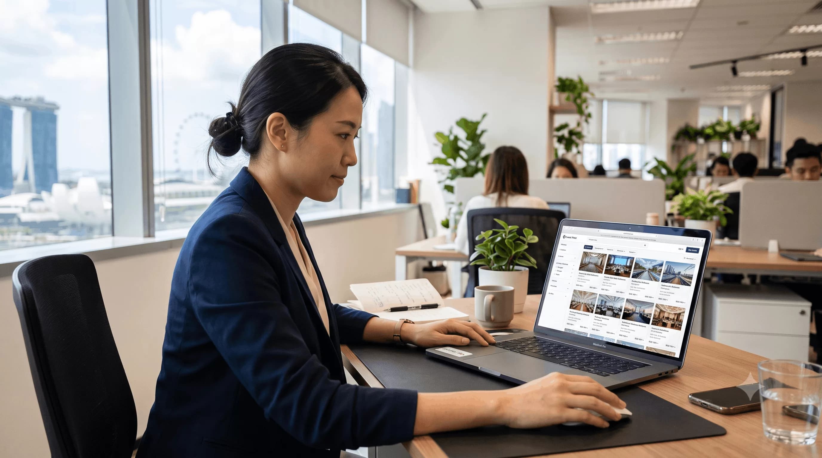 Singapore corporate event planner in a navy blazer browsing venue listings on a laptop by an office window