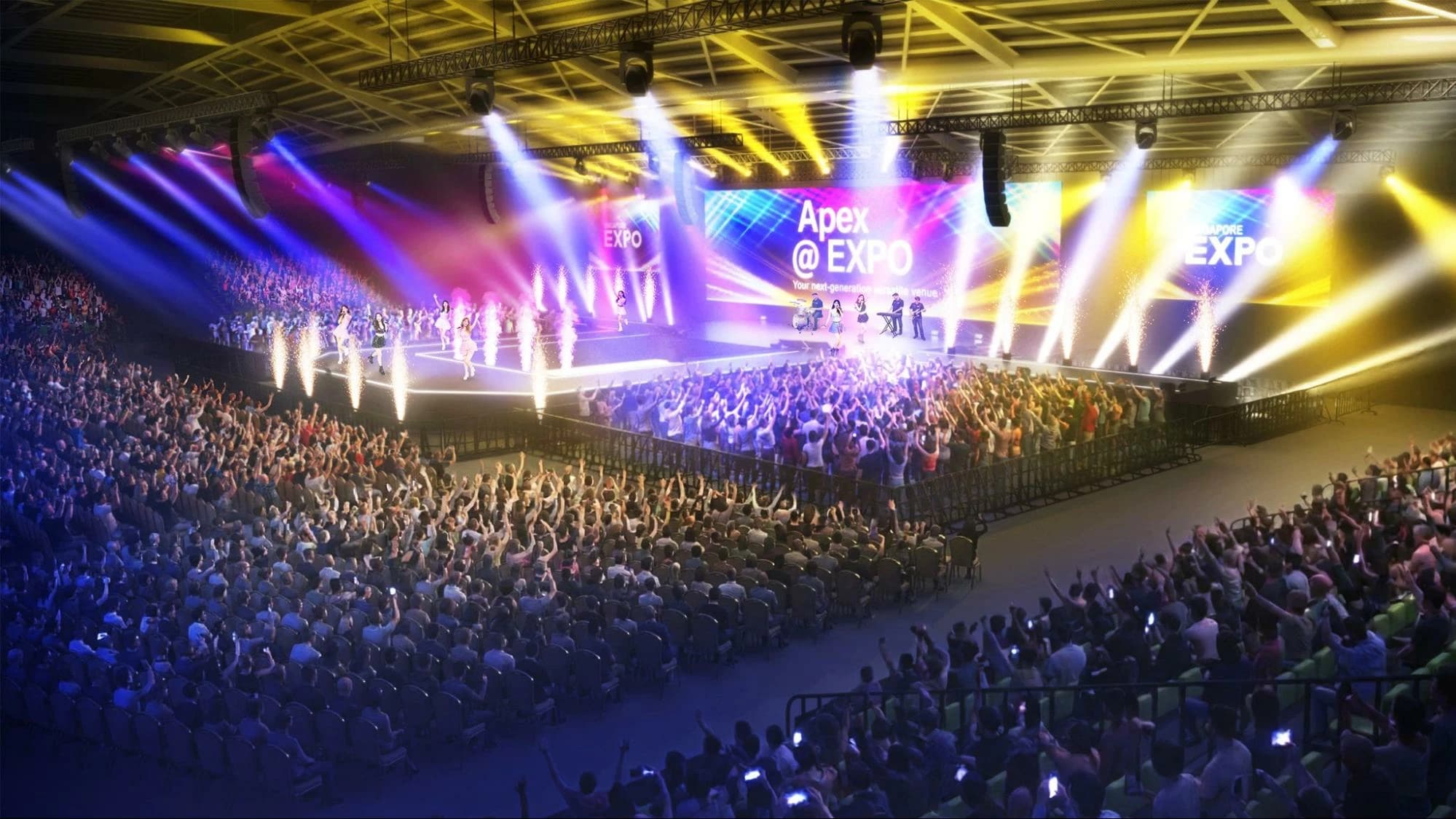 Rendering of a concert at Apex @ EXPO, with fans on a standing floor and tiered seats facing a lit stage and LED screens