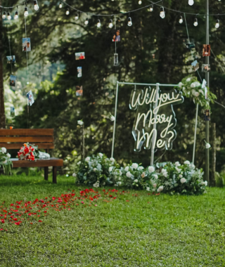 decorated garden proposal scene with bench floral arch and photos hanging on string lights