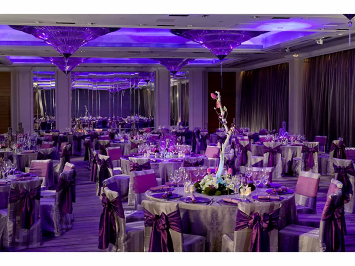 hotel ballroom with decorated dining tables and chairs