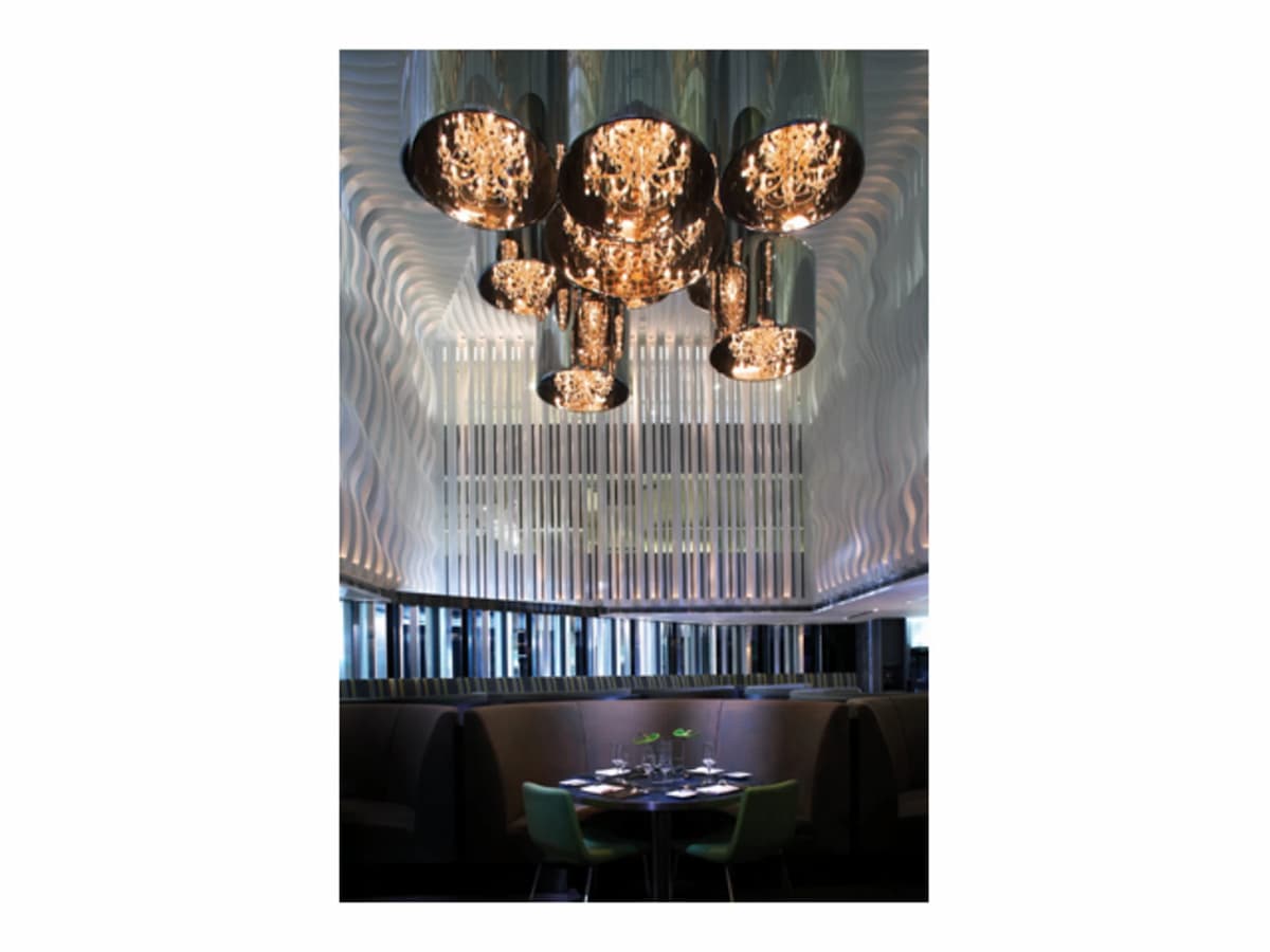 business luncheon area with big chandelier on the ceiling