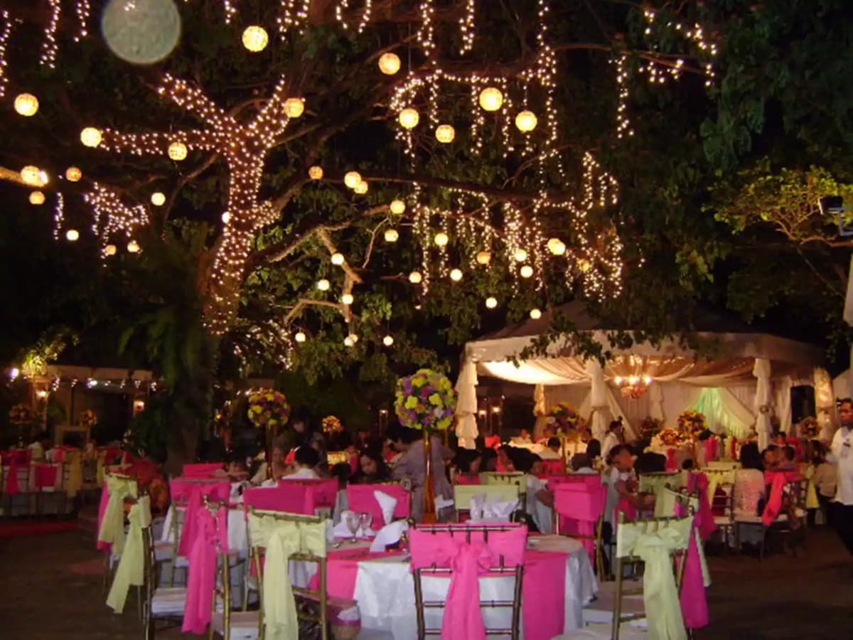 outdoor wedding tables beneath tree decorated with fairylights