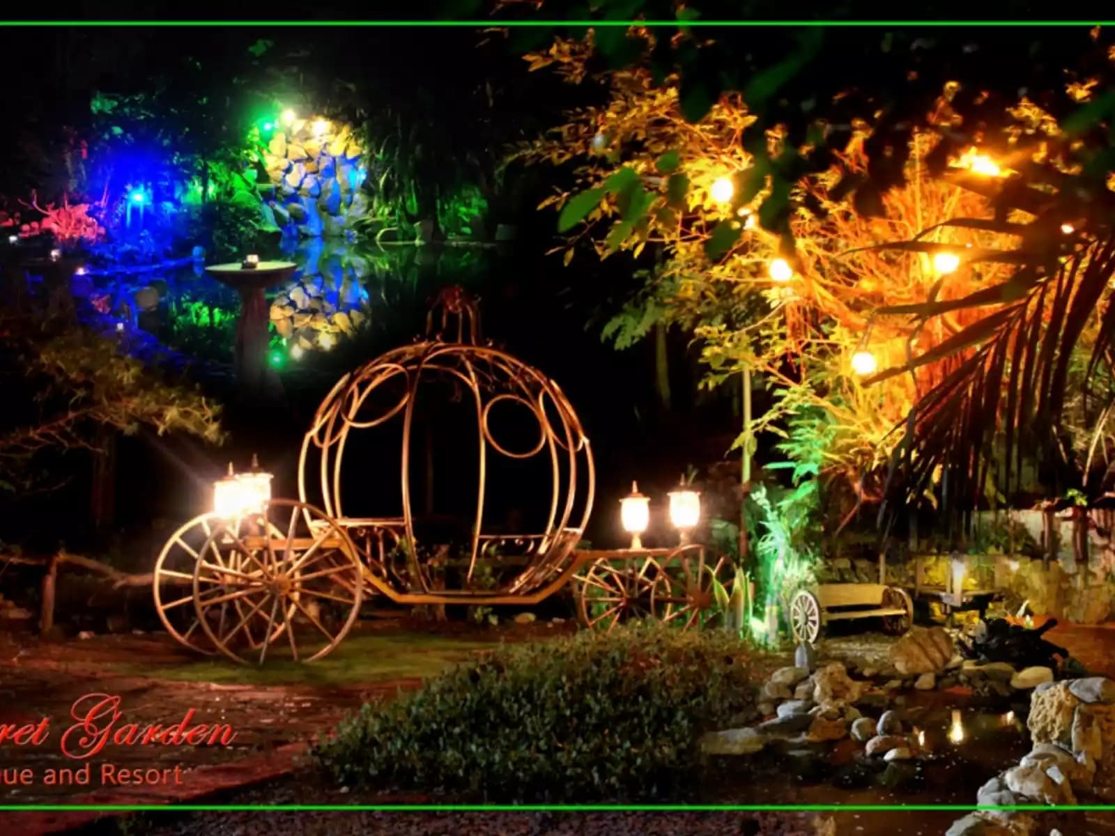 round carriage in garden decorated with lights