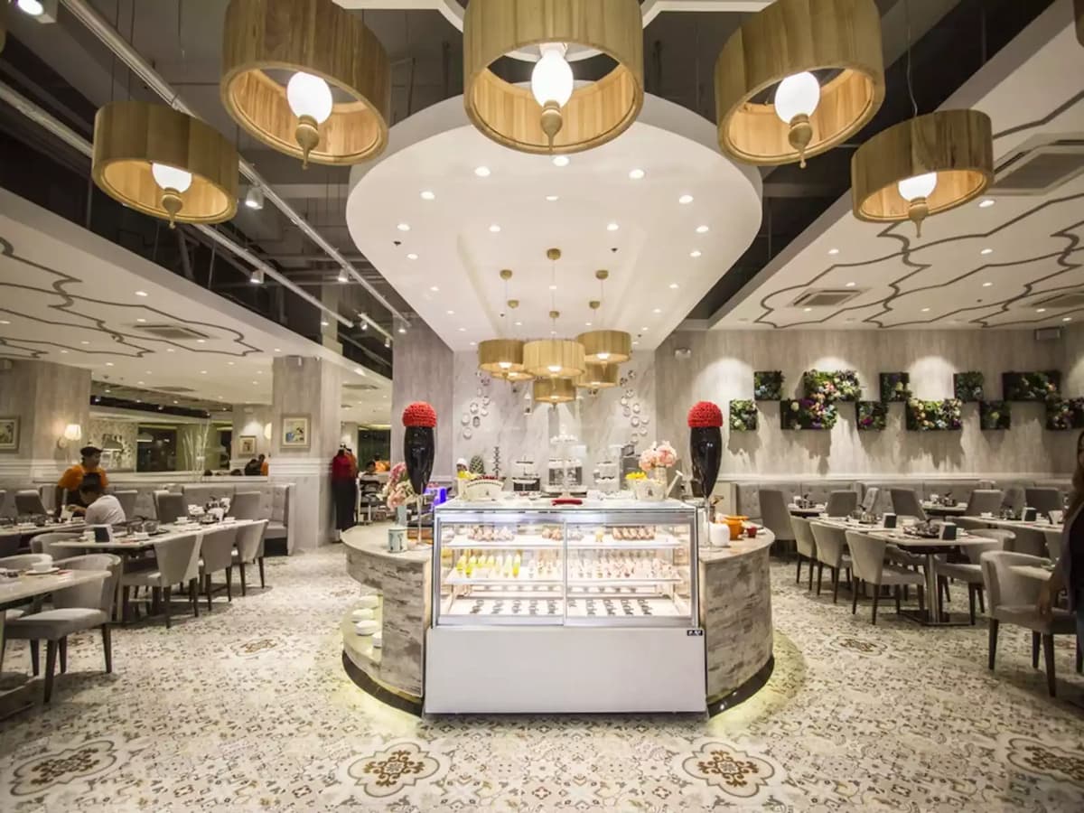 cake and dessert area located the center of restaurant