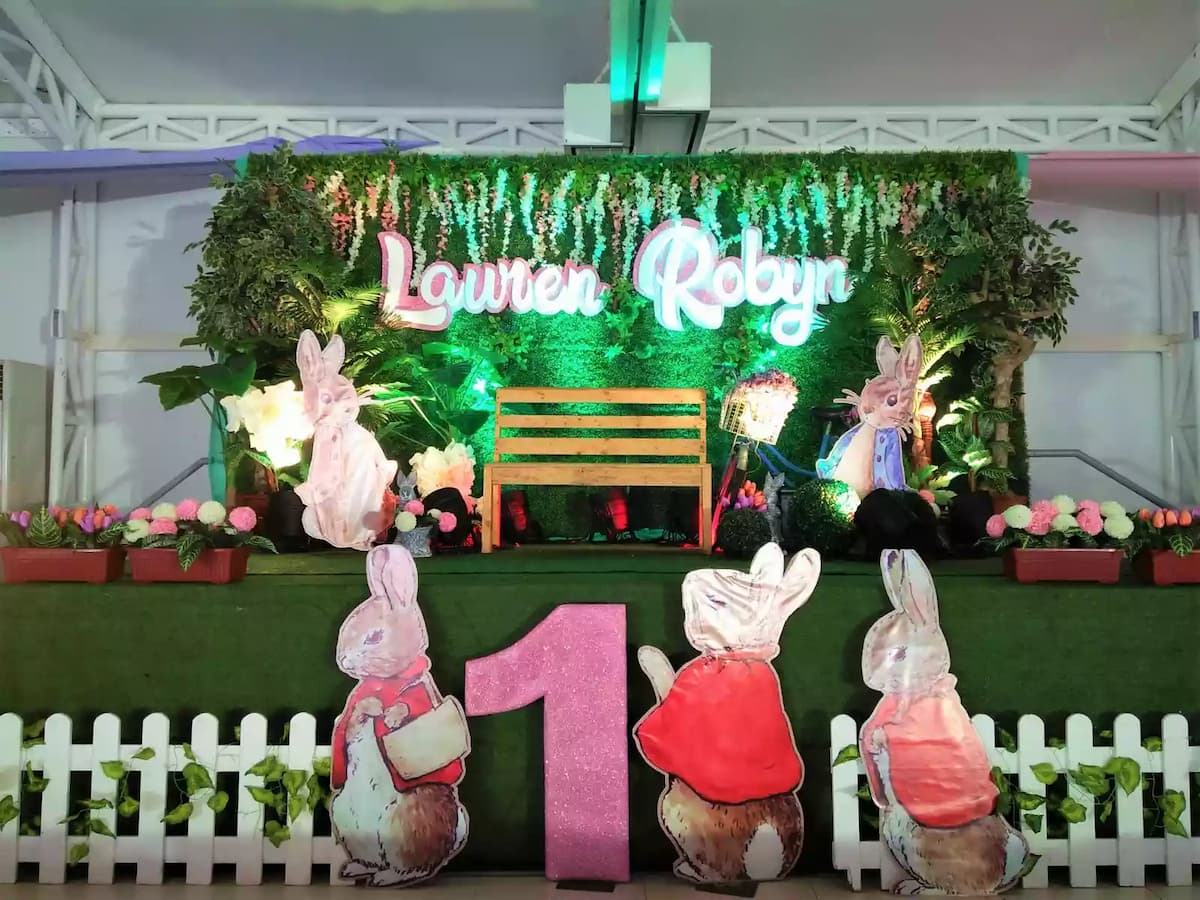 kids 1st birthday party stage decoration with bunny theme event space quezon city