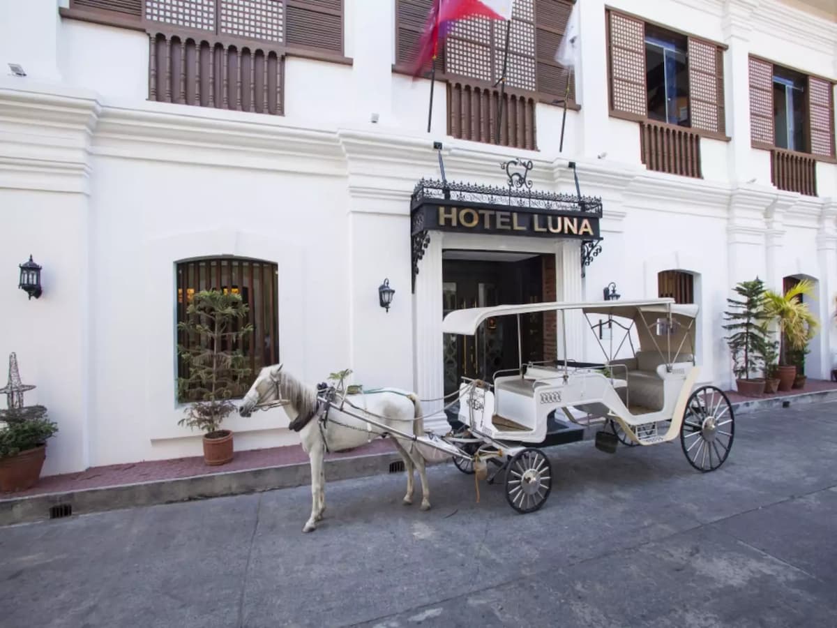 white horse carriage in front of hotel's building hotel ilocos sur