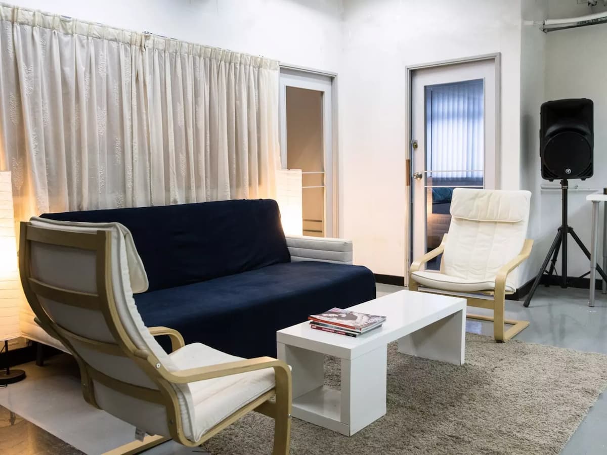 waiting room equipped with sofas and table