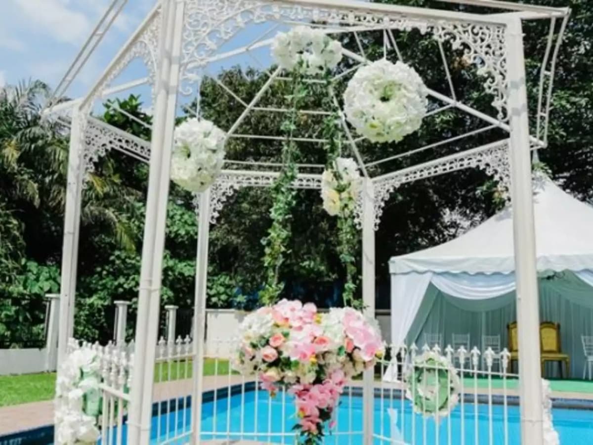 event space with outdoor pool area