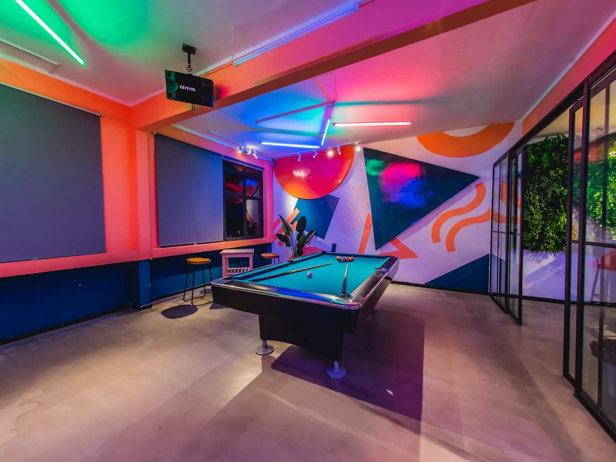 private room with pool table and fully-customizable mood lighting for birthday party event venue