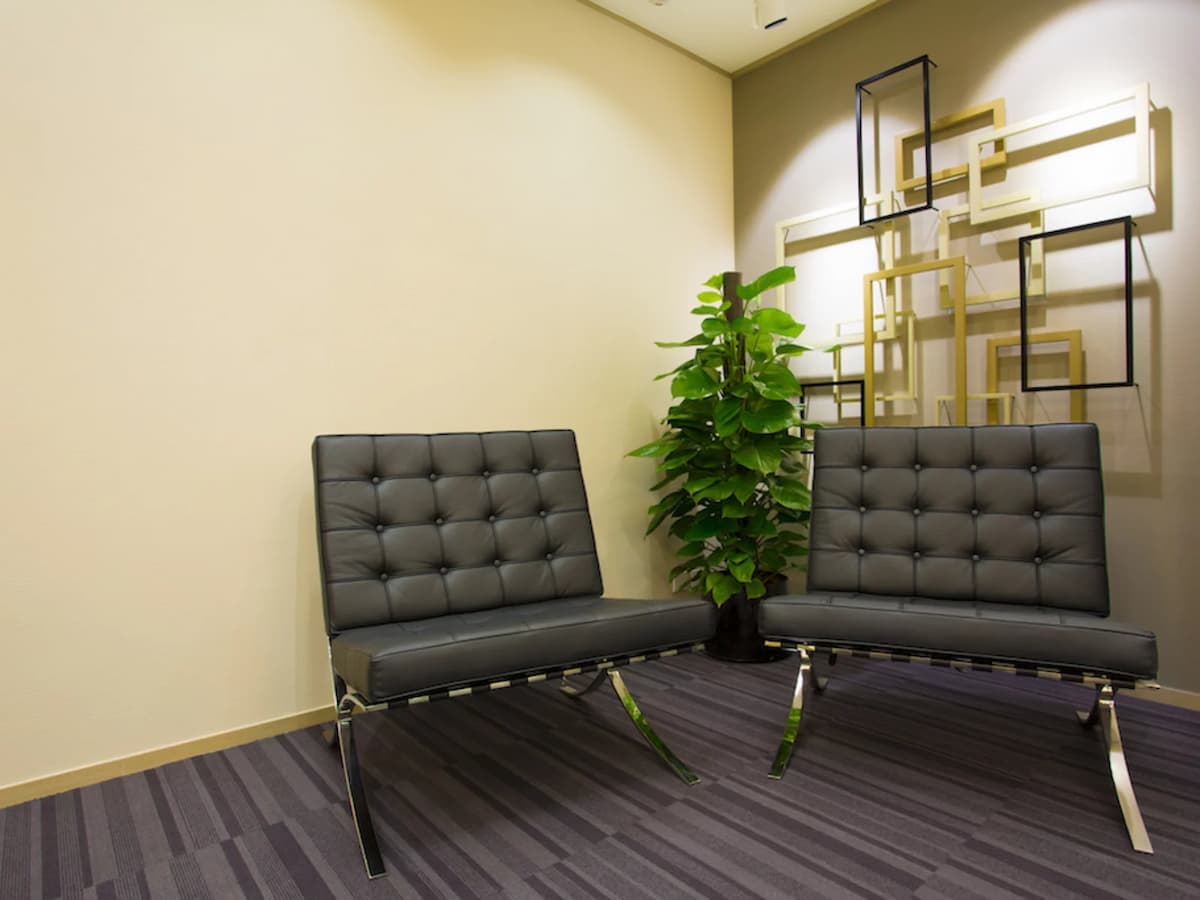 one of the corner of business lounge area with 2 chairs and plant