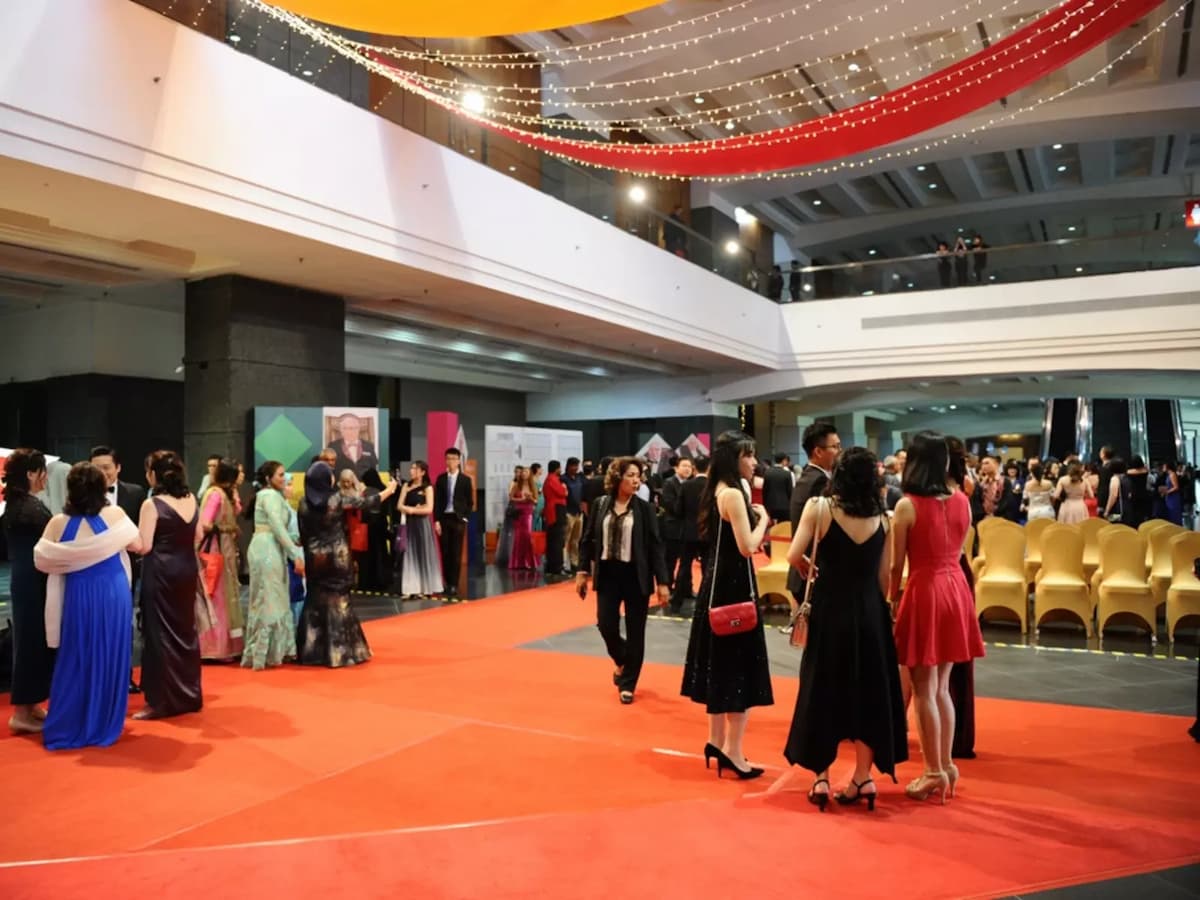 networking event in the ballroom with high ceiling