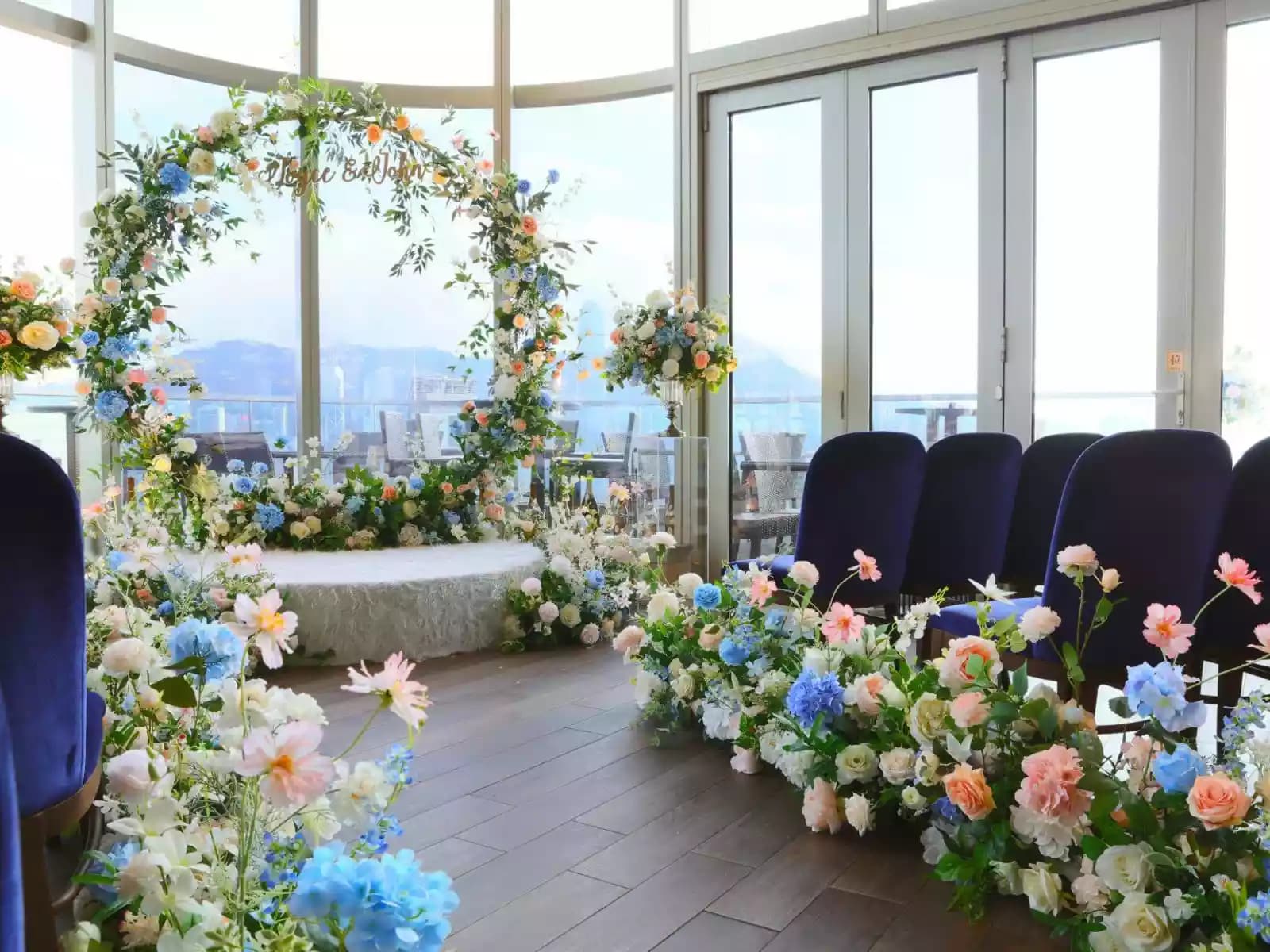 solemnisation decoration with colourful flowers and mini stage