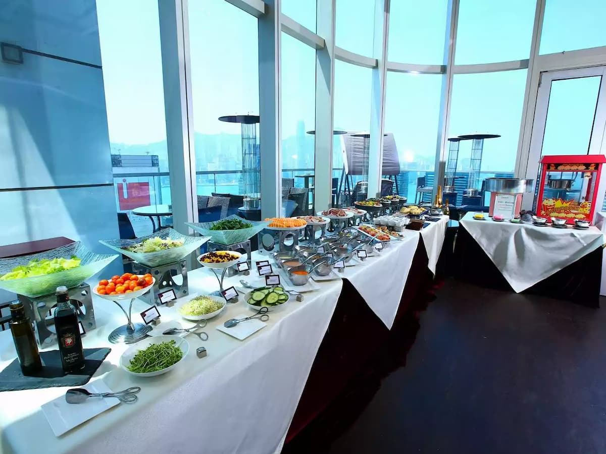 buffet line served across the window for wedding celebration
