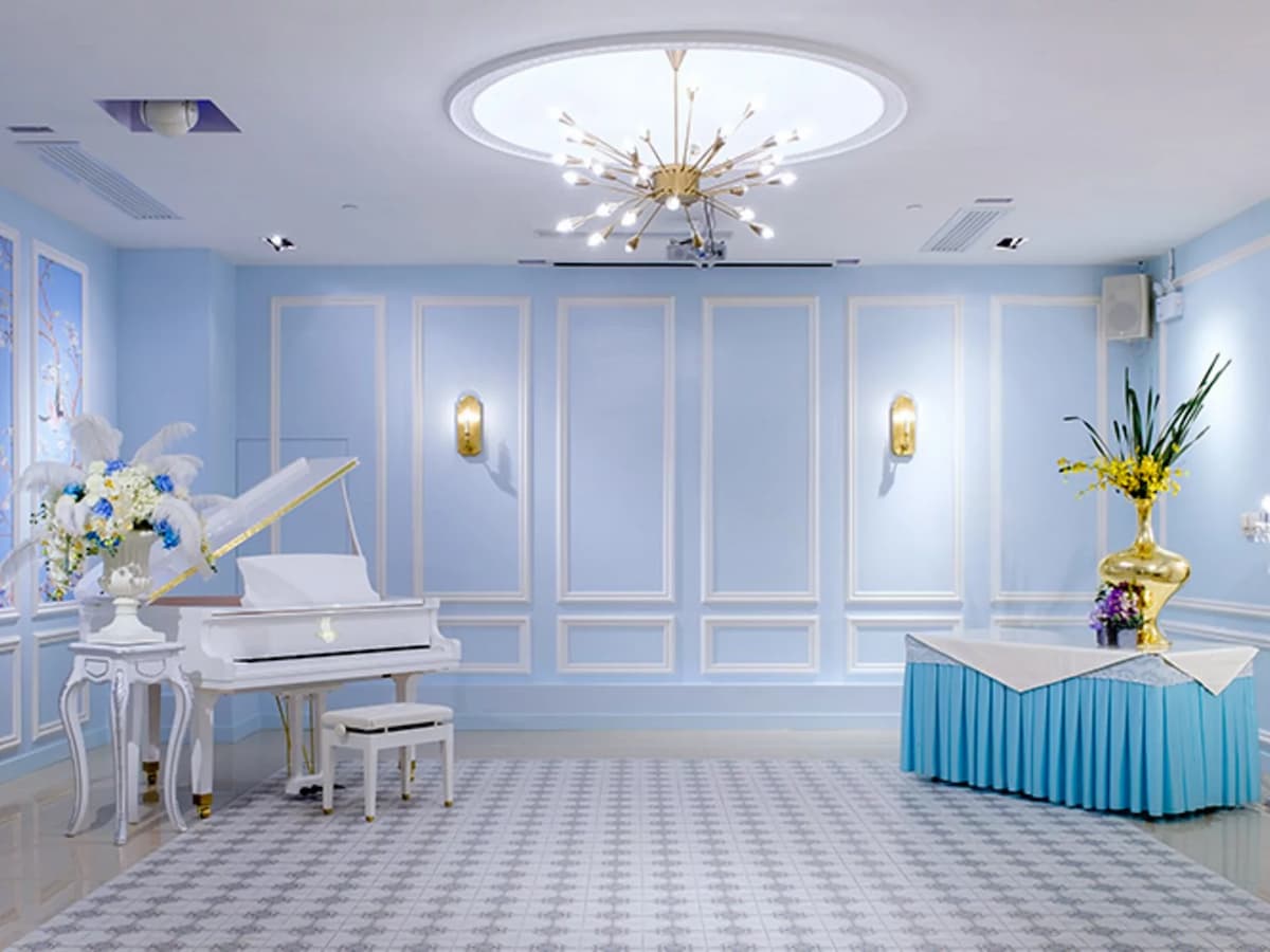 private royal blue room featuring the white grand piano and table for decoration