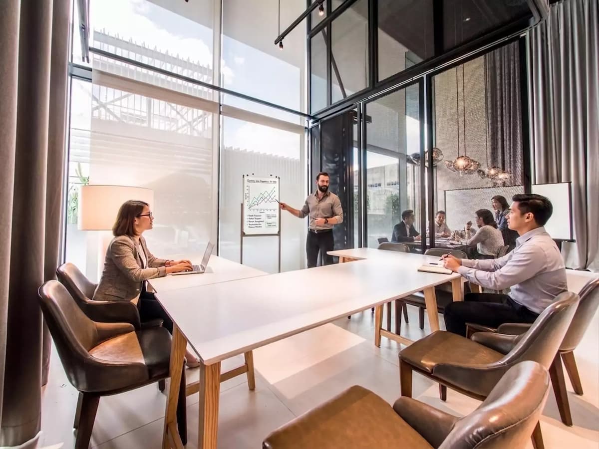 small meeting room with white board and big window with natural lighting for corporate meetings