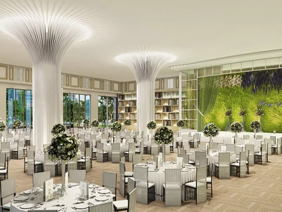 function room with round table setup perfect for company annual dinner