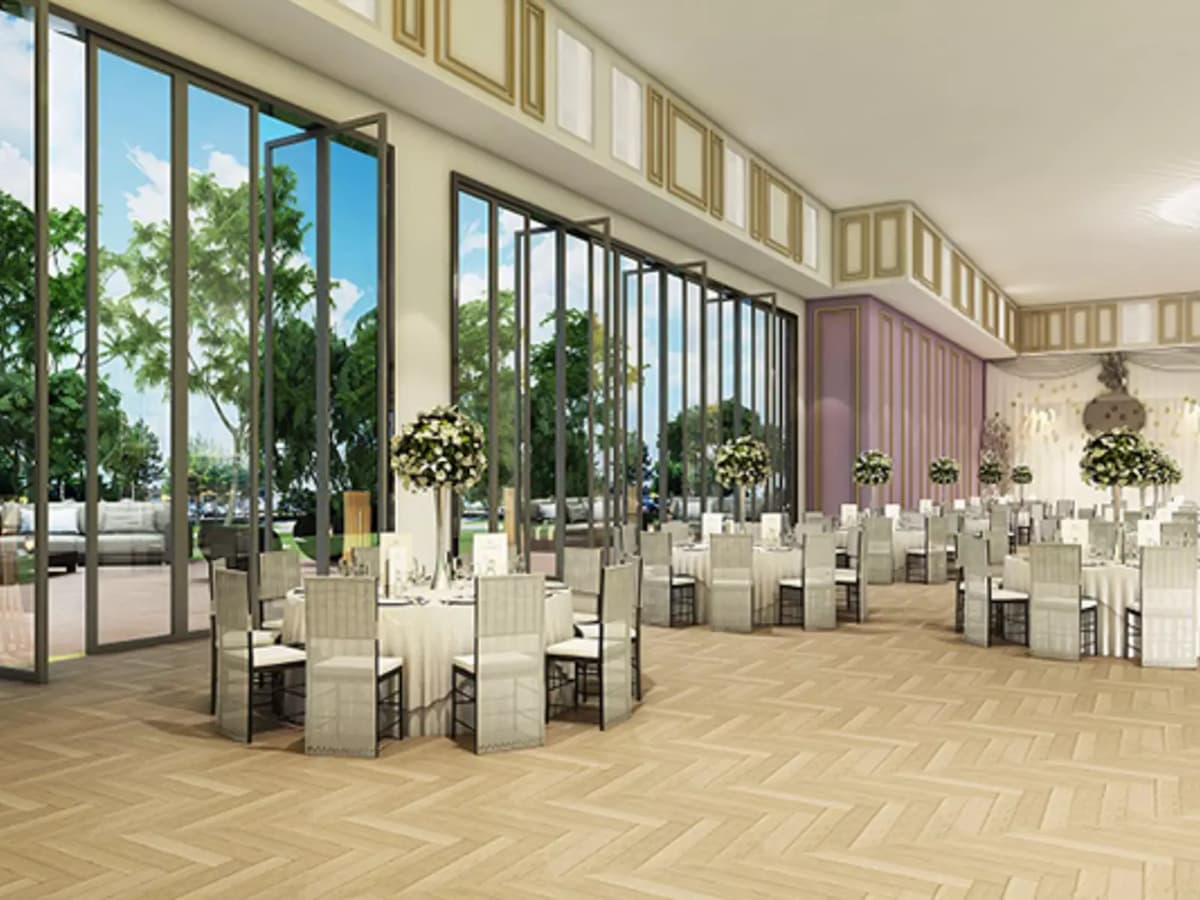 function room with floor to ceiling window which allow natural light