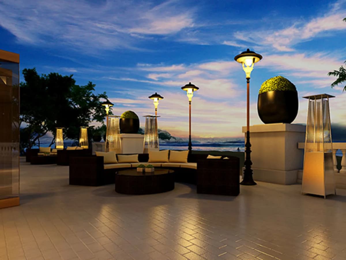 outdor terrace area during sunset overlooked the sea