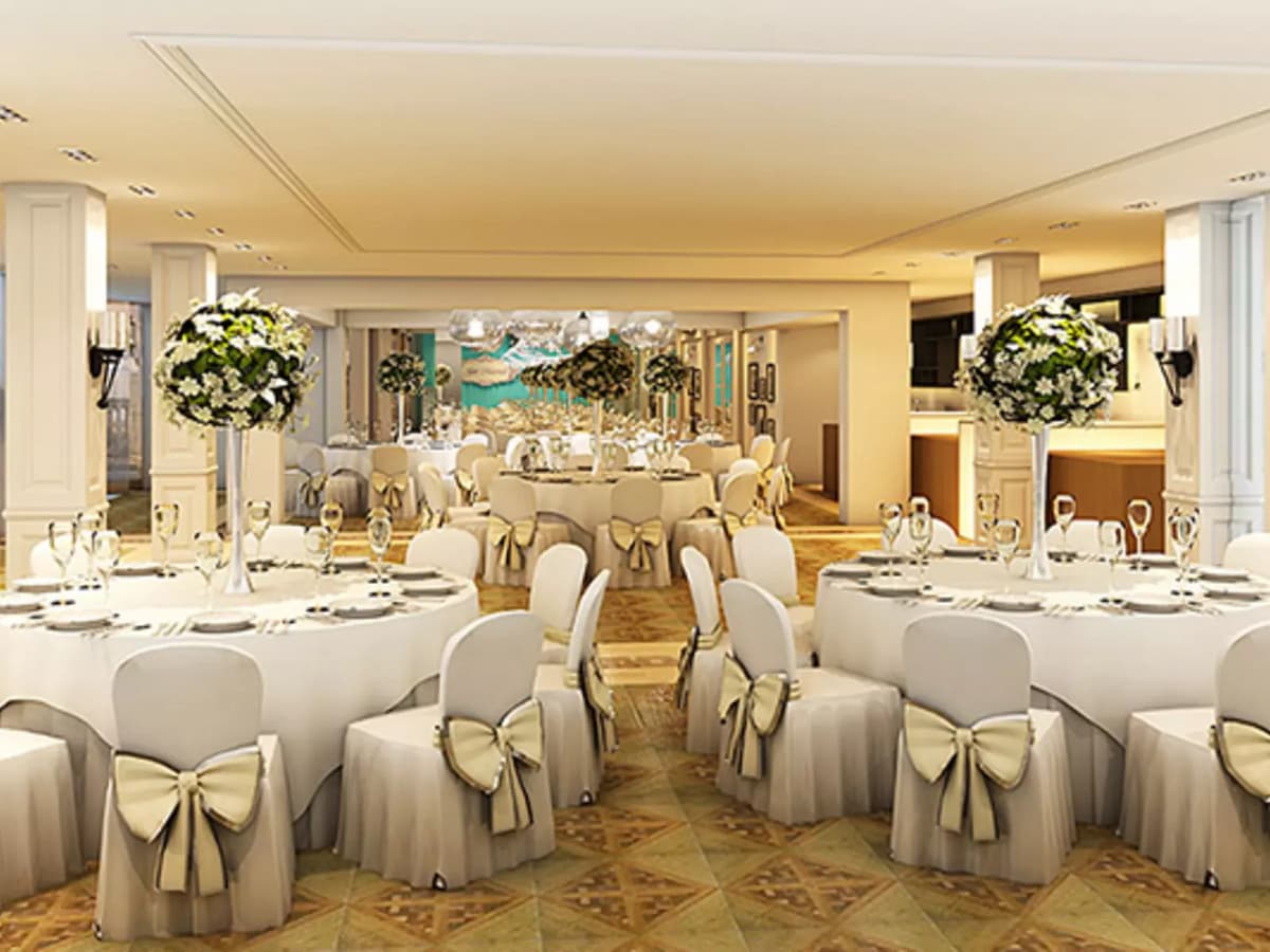 function room with banquet style for wedding party