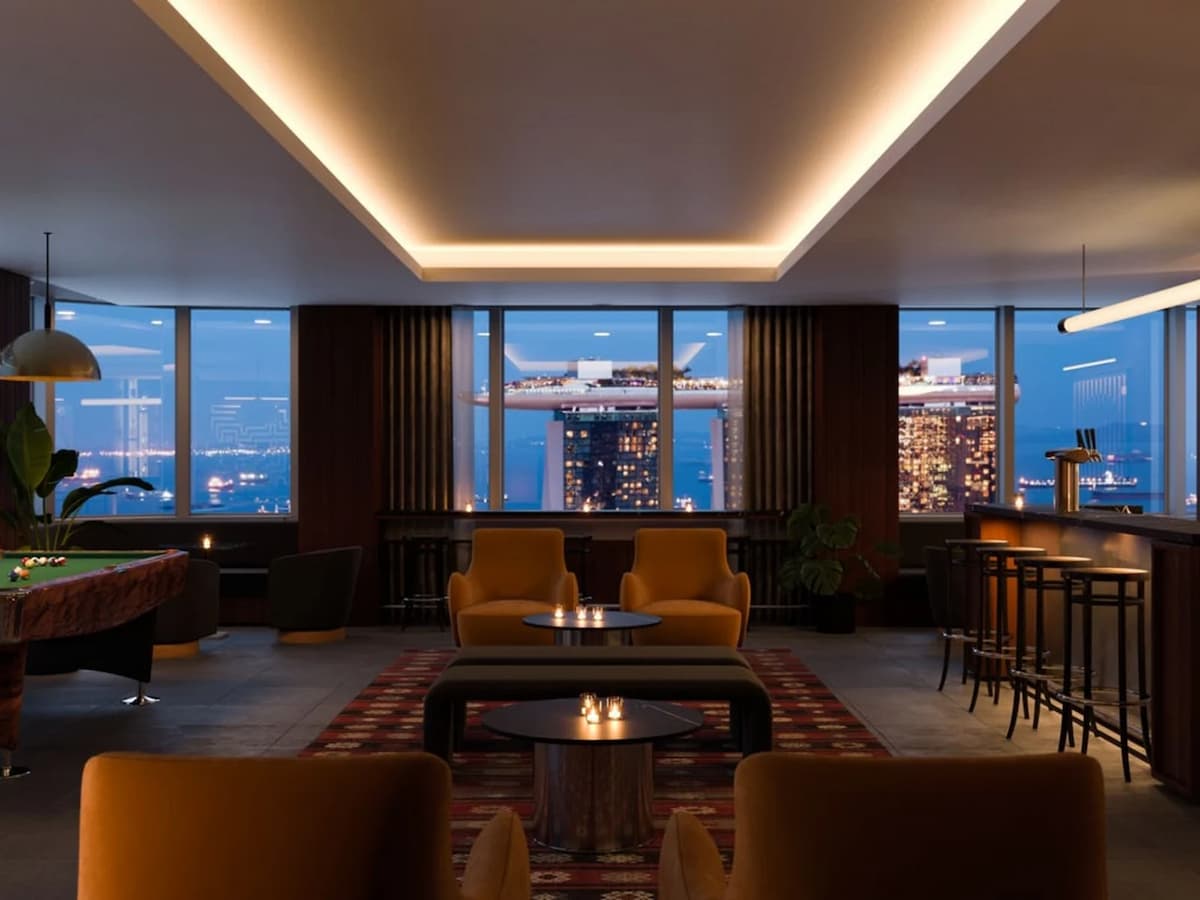 bachelor party venues in singapore with billiards, bar area, and SG skyline view