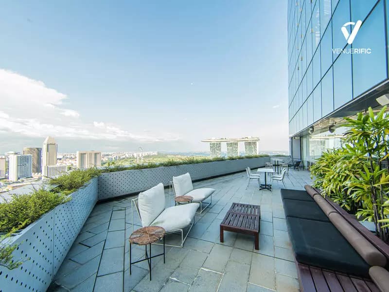 corner view of coworking space outdoor terrace overlooking city for meeting venues in singapore