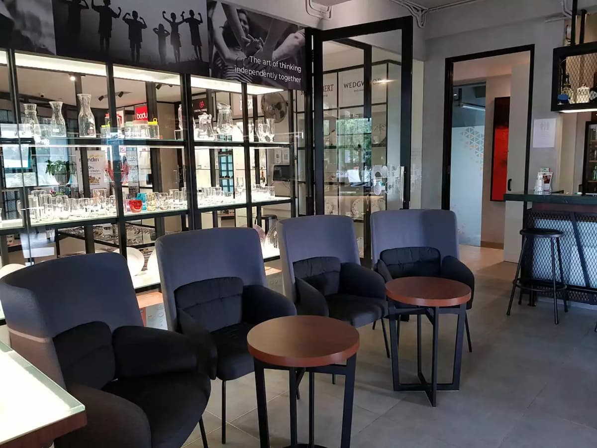 office party for rent with dim bar and dark furniture