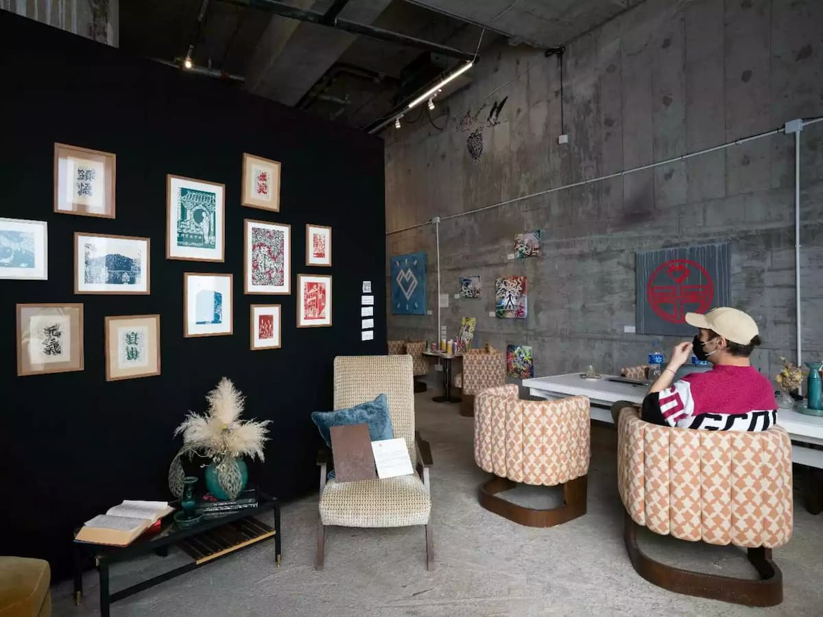 cocktail party event venue for rent with unique furniture and art displays