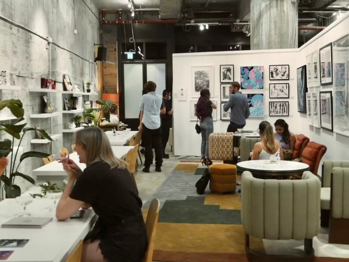 product launch event venue with art exhibition display and quirky modern furniture