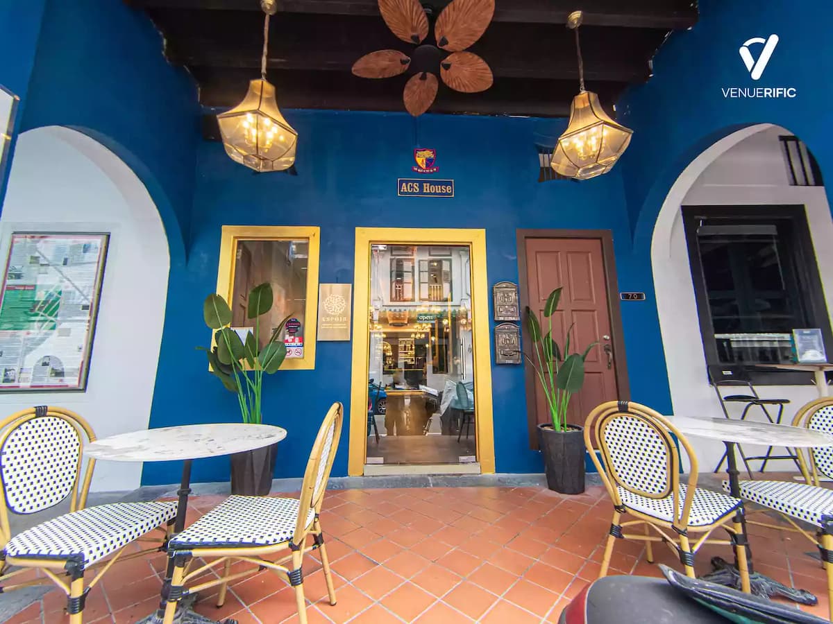 a blue building with tables and chairs