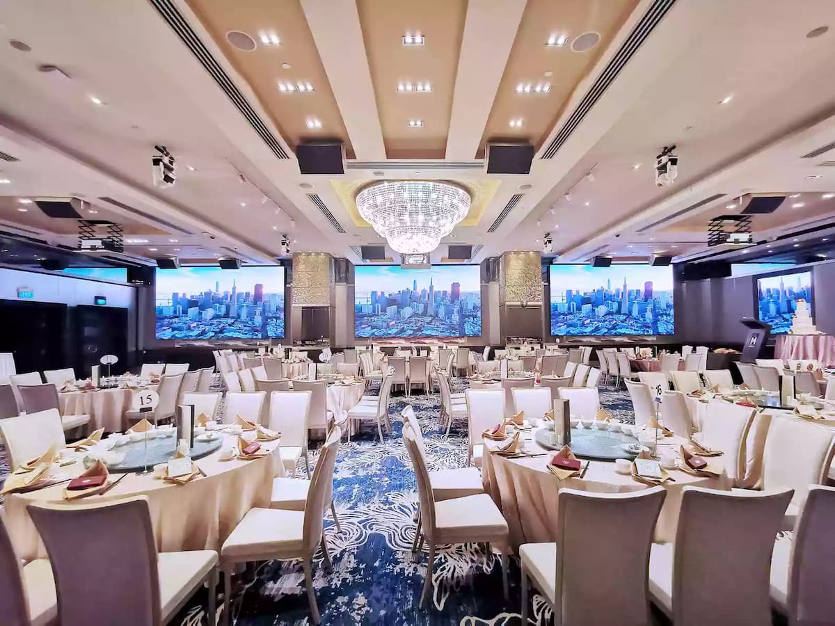 large wedding reception hall with chandelier