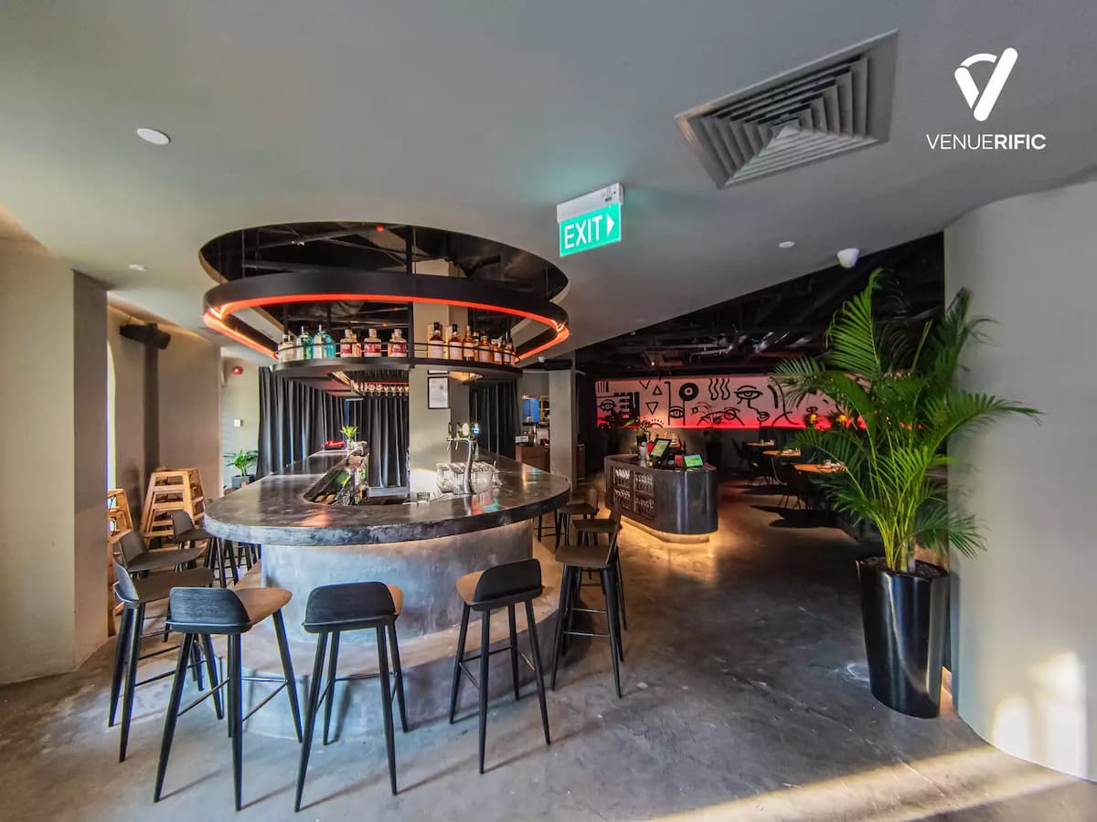 bar stools around bar area