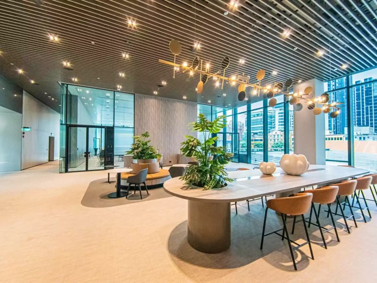 large room with modern lights and modern tables and chairs