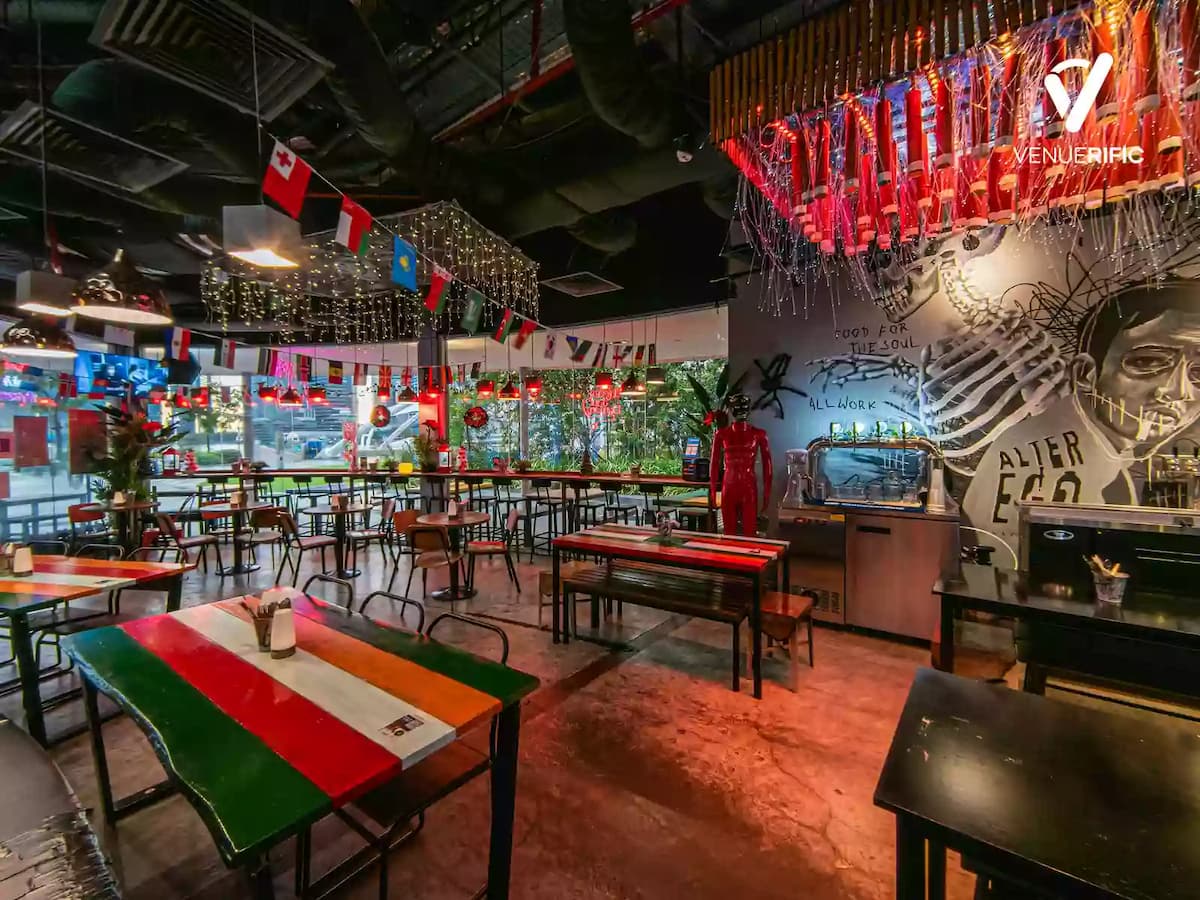 flags as decorations of tables and chairs