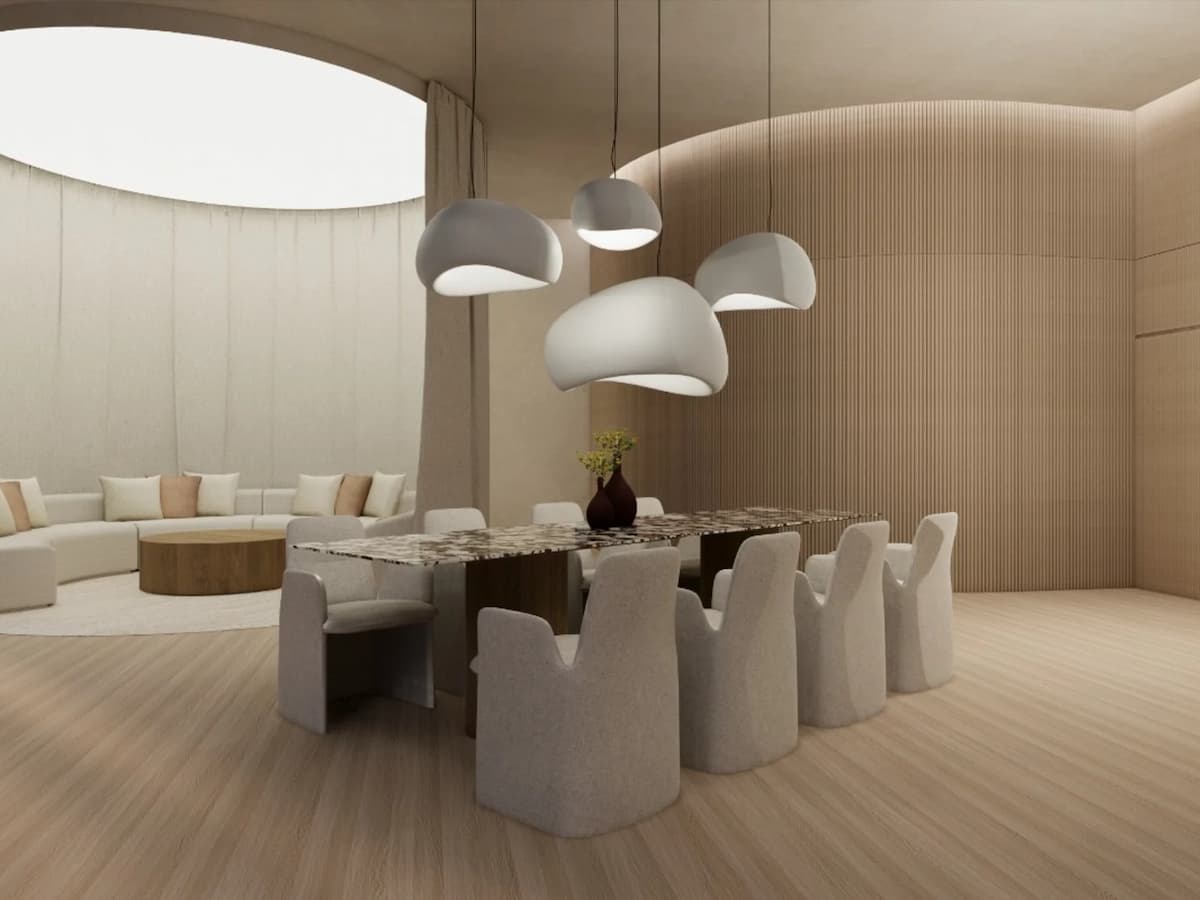 dinner party space with marble table and minimalist, unique interiors
