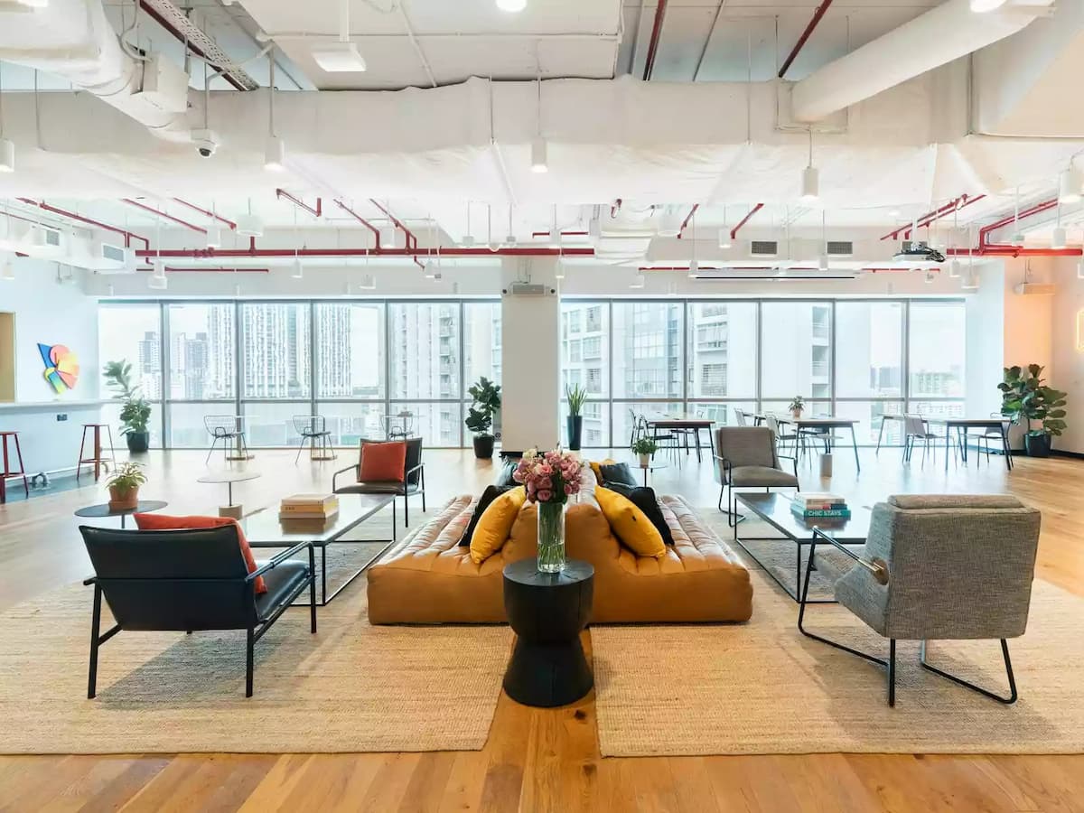 coworking space area with floor to ceiling window