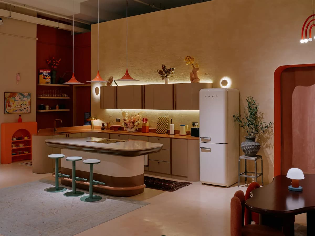 moroccan inspired kitchen with smeg fridge and teal stools at lifestyle photography studio in kallang singapore