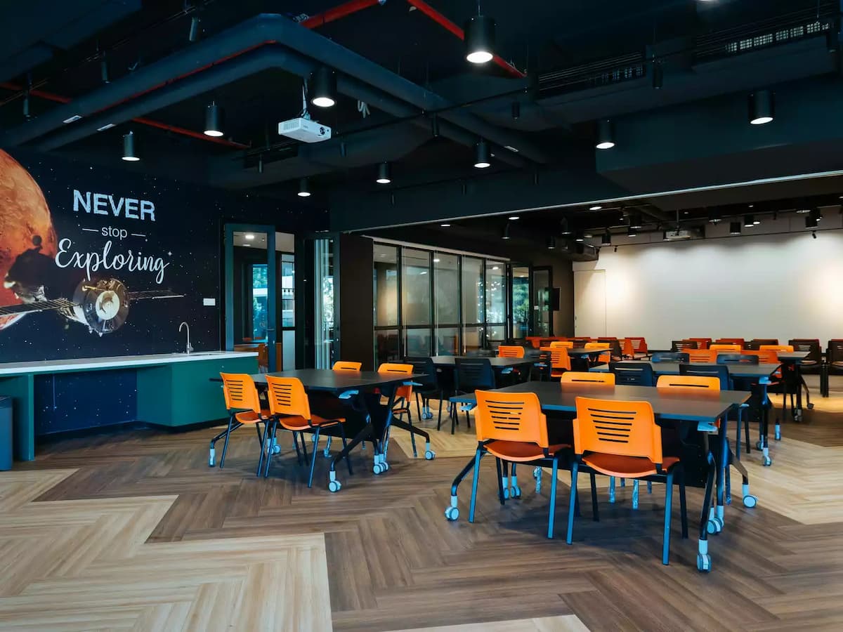 co working office space with tables and chairs