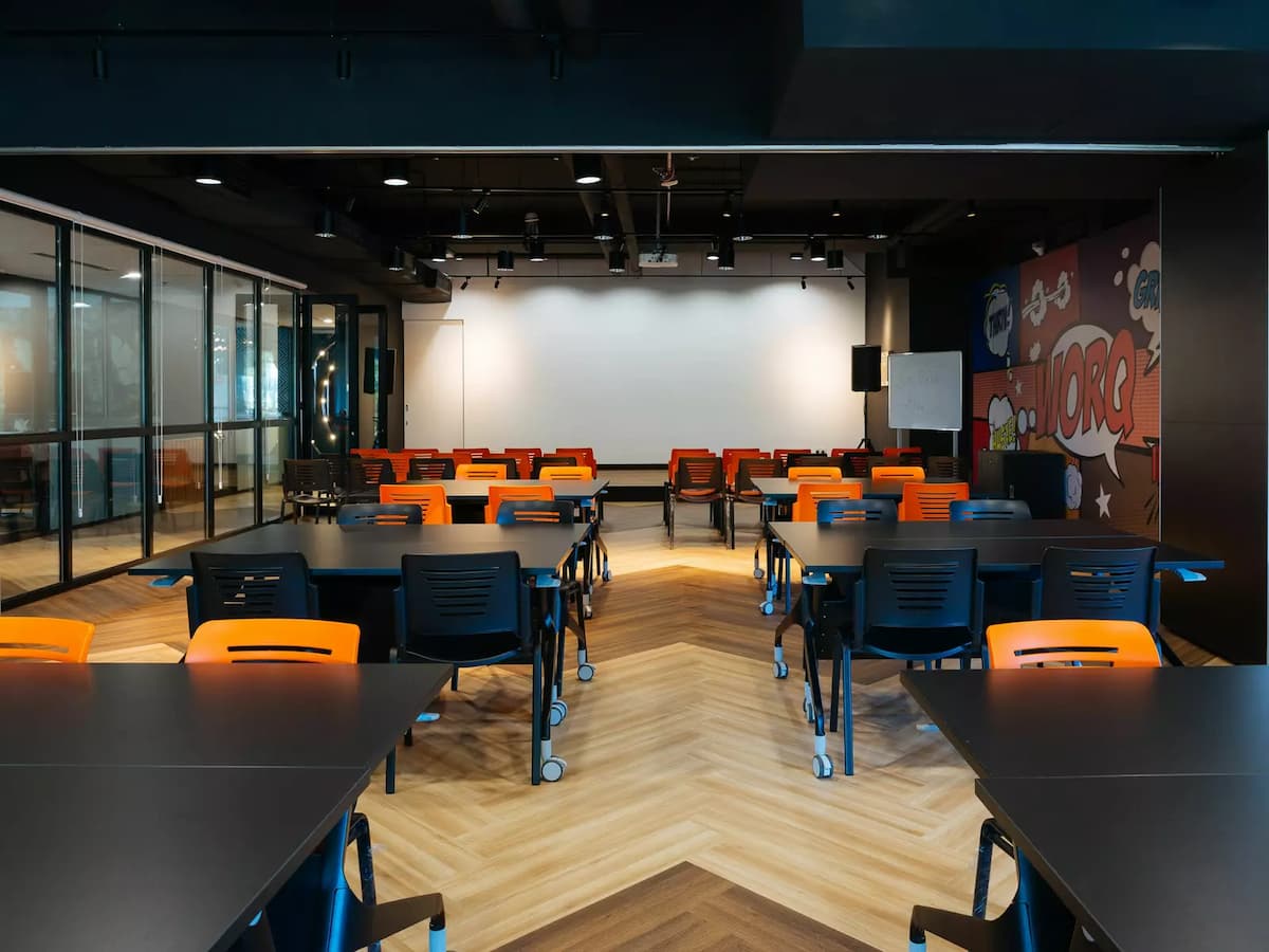 office venue with black and orange chairs