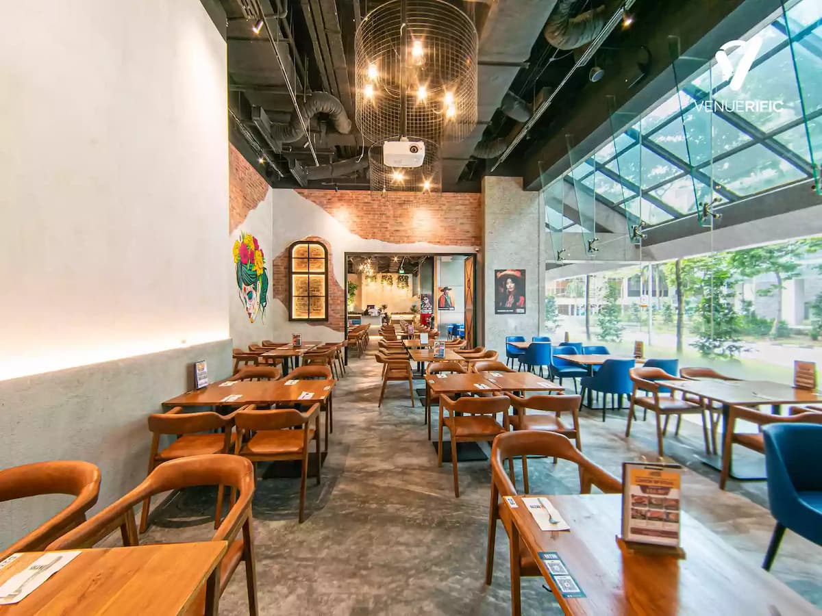 versatile event space with wooden furnitures