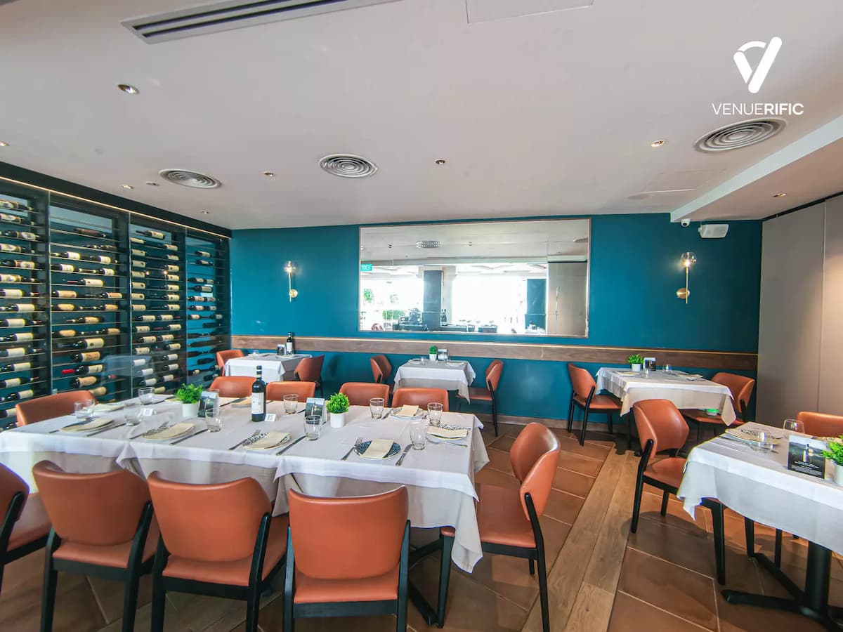 elegant private dining room with wine display wall and neatly arranged tables