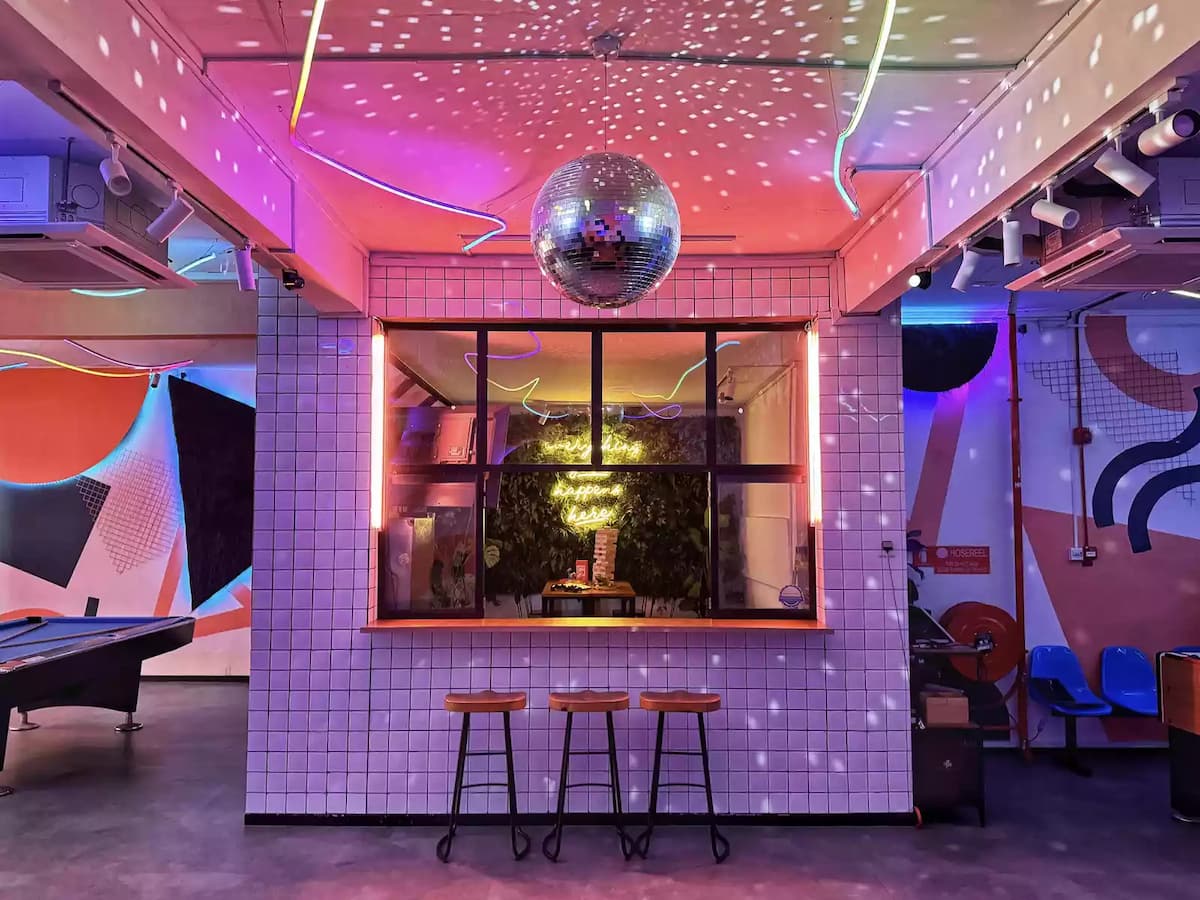 Retro party venue with a large disco ball