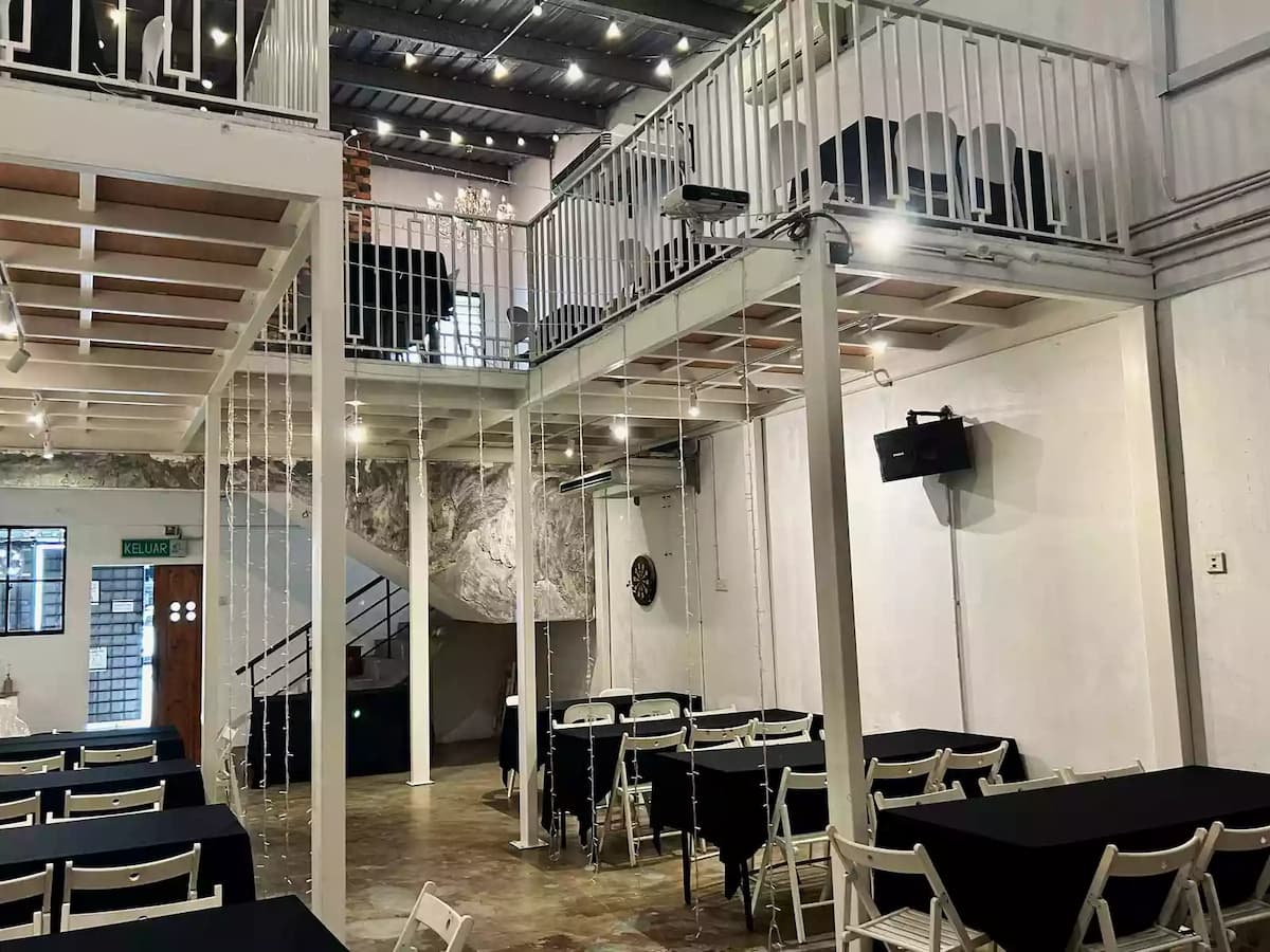 industrial yet elegance multi-level space with string lights