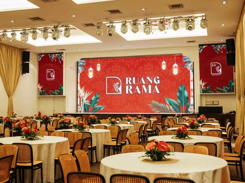 elegantly arranged round tables with floral centerpieces and warm lighting