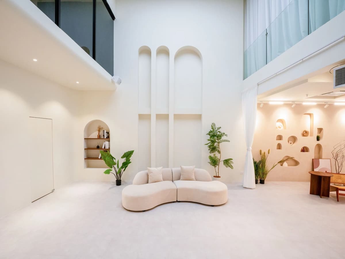 aesthetic event space with beige couch