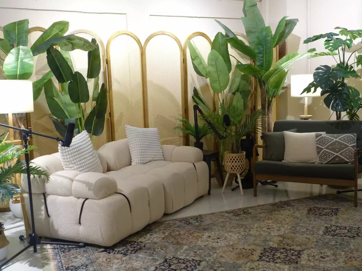 stylish lounge area with plush cream sofa